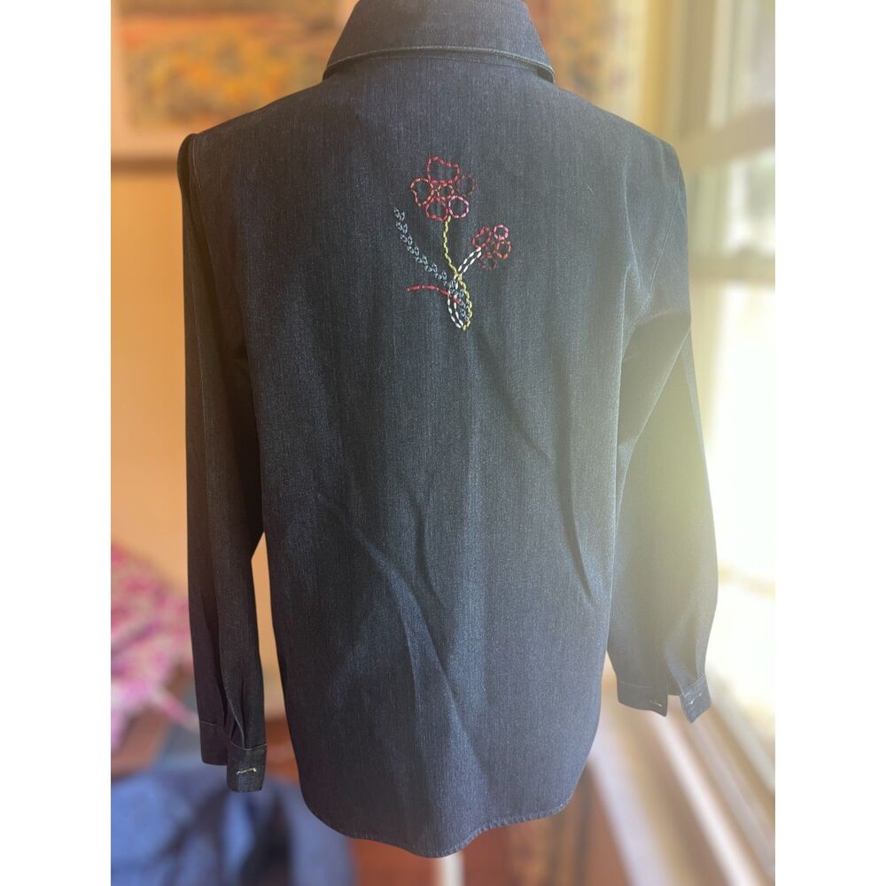 Patchwork Embroidered Denim Shirt Boho Folk Art Button Up Artsy Top Sz S Petite - Picture 6 of 15